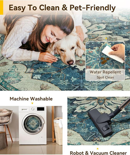 RELEANY Washable Area Rug, Round 8ft, Water Repellent, Pet Friendly, Vintage - Image 5