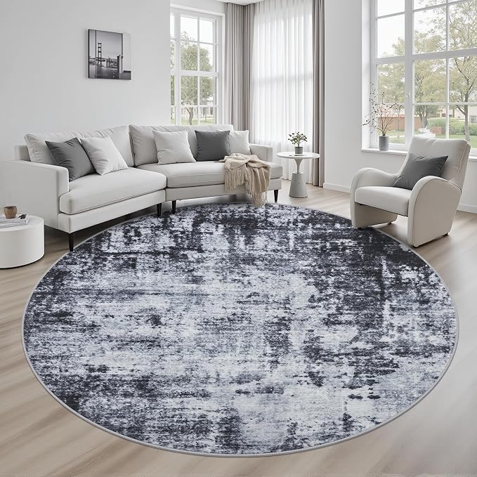 Round Area Rug Living Room: 8 ft Modern Washable Carpet Dark | by FXRHLP