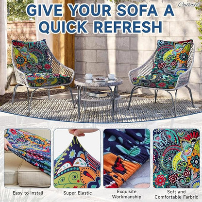 CALBODE 8Pcs Stretch Patio Cushion Cover, Boho Floral Couch & Sofa Slipcovers - Image 3