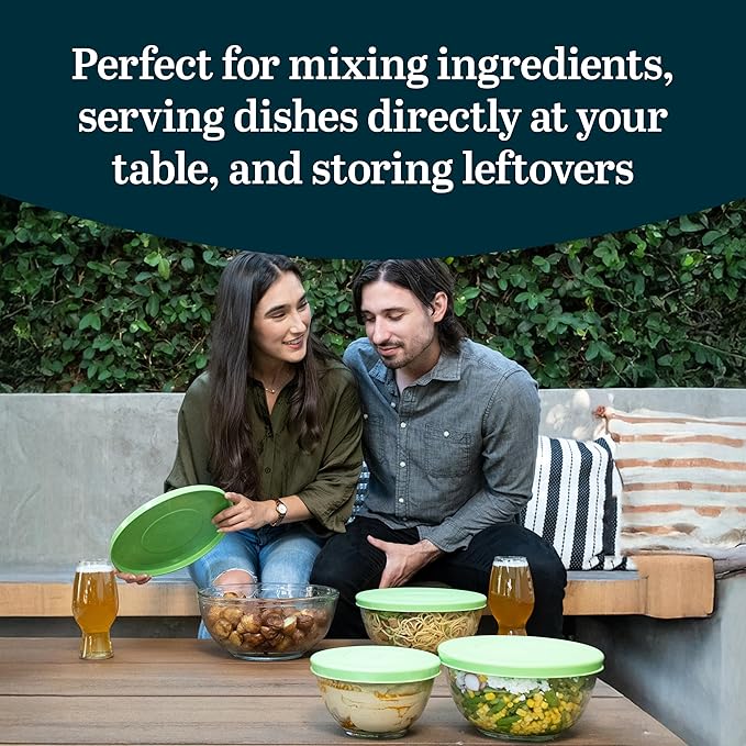 Libbey Baker's Basics 4 Piece Glass Mixing Bowl Set with Plastic Lids - Elegant Nesting Bowls - Glass Mixing Bowls with Lids to Store, Serve and More