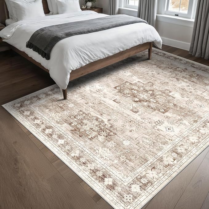 Washable Neutral Farmhouse Living Room Rug, 5x7 Area Rugs - Image 3