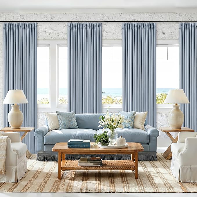 Light Blue Linen Memory Trained Black Out Pleated 105 Inch Curtains 2 Panel | - Image 8