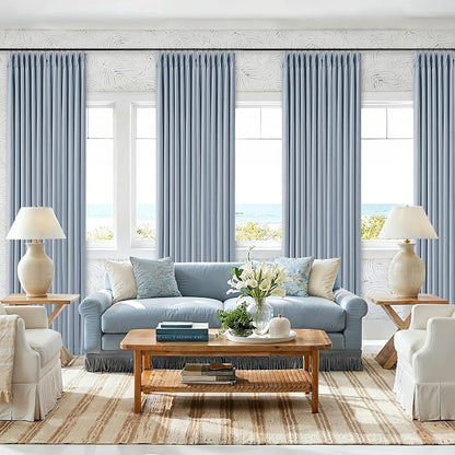 Light Blue Linen Memory Trained Black Out Pleated 105 Inch Curtains 2 Panel | - Image 8