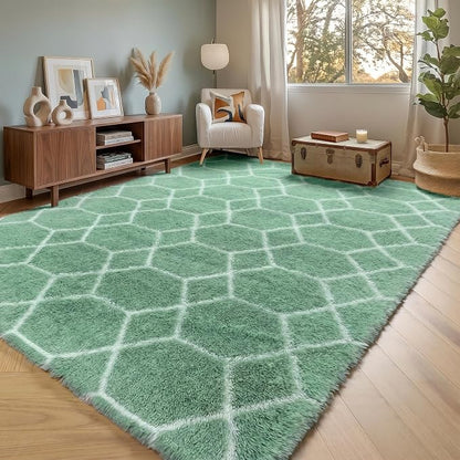Area Rugs for Living Room, 5x8 Fluffy Sage Green and White Bedroom Rug | by ONASAR