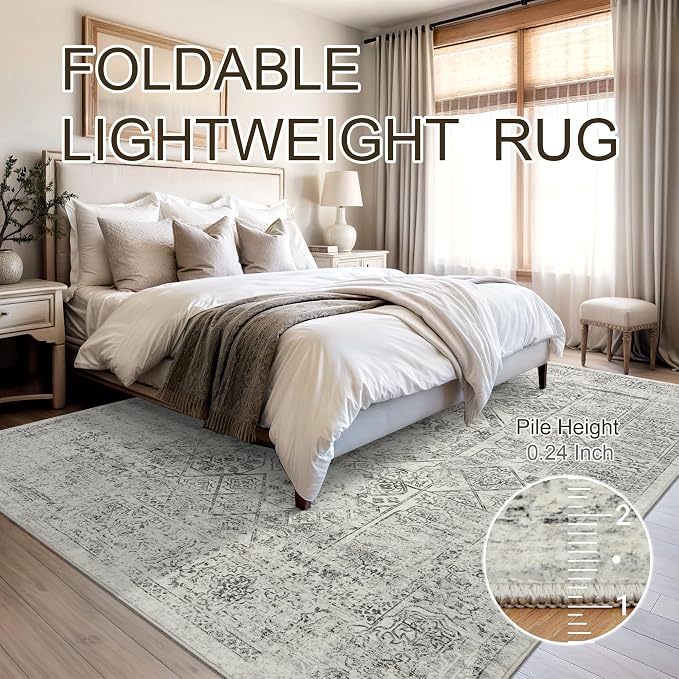 Soalmost 5x7 Area Rugs Light Gray Washable Trendy Faded Style Floral Rugs | - Image 7
