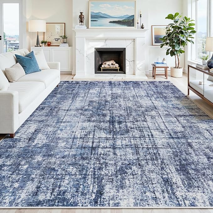 8x10 Washable Area Rug for Living Room Bedroom: Non-Slip Modern Navy Blue | by Oriannal