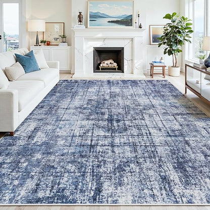 9x12 Washable Area Rug for Living Room Bedroom: Non-Slip Modern Navy Blue | by Oriannal
