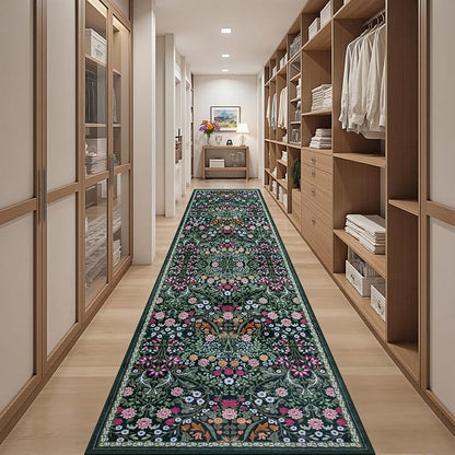 PLHXFR 2.6x14 Washable Runner Rug：Floral Indoor Kitchen Carpet Dark Green | - Image 5