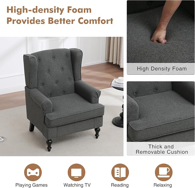Accent Chair for Living Room, Mid Century Modern Upholstered Armchair, Wingback - Image 4