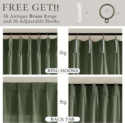 84 Inch Linen Pleated Dark Olive Green Light Filtering Country Curtains 50W | - Image 5