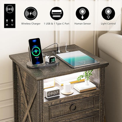 Nightstand with Charging Station, Farmhouse End Side Table with 3 Drawers and - Image 5