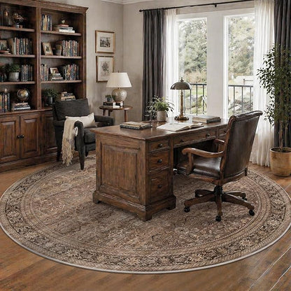 Schweek 8ft Round Rug Vintage Brown Neutral Washable Non-Slip Circle Rugs | - Image 2