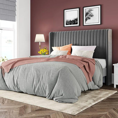Allewie Queen Size Velvet Bed Frame/Vertical Channel Tufted Wingback by Allewie