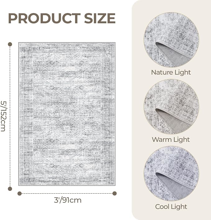 3x5 Rug for Entryway, Washable Area Rug, Living Room, Dining Room, Neutral Rug - Image 2