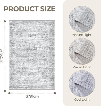 3x5 Rug for Entryway, Washable Area Rug, Living Room, Dining Room, Neutral Rug - Image 2