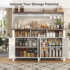 Buffet Sideboard with Storage Hutch with Power Outlets 4 Doors, Large Farmhouse Kitchen Storage Cabinet Wood Coffee Bar Cabinet with Goblet Holder and Cup Hooks for Kitchen, Dining Room, Entryway