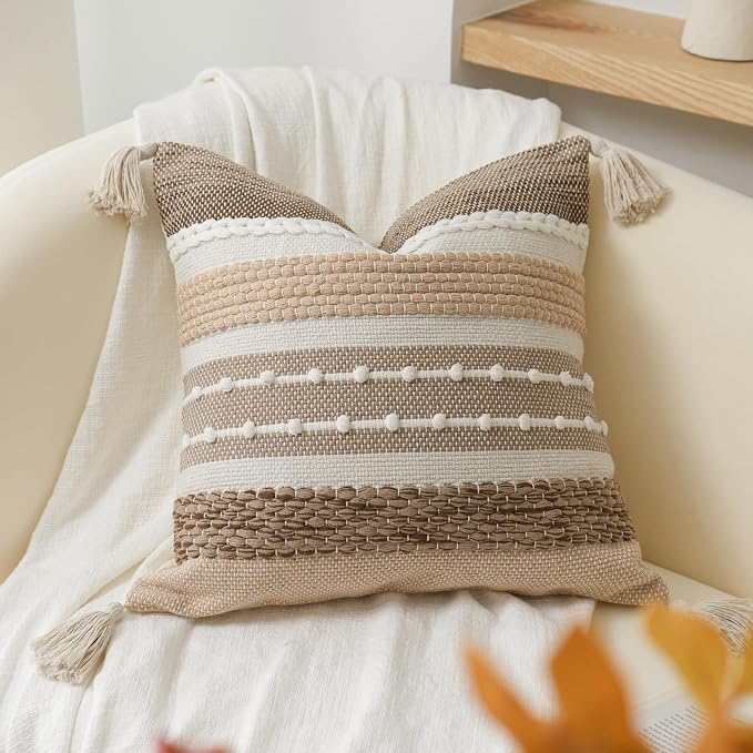 Boho Decorative Throw Pillow Cover 22x22 Square Brown Accent Pillowcase Tassels by BlissBlush