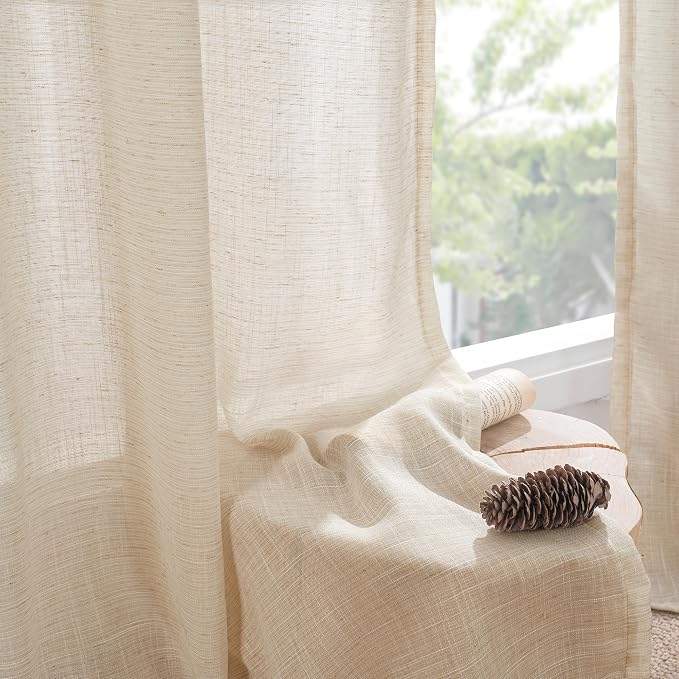 BGment Tan Linen Curtains 45 Inch Length 2 Panels, Burlap Semi Sheer Drapes | - Image 8