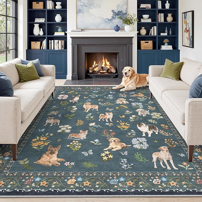 Soalmost Dog 9x12 Area Rugs for Living Room, Washable Soft Rug Navy Blue | by Soalmost
