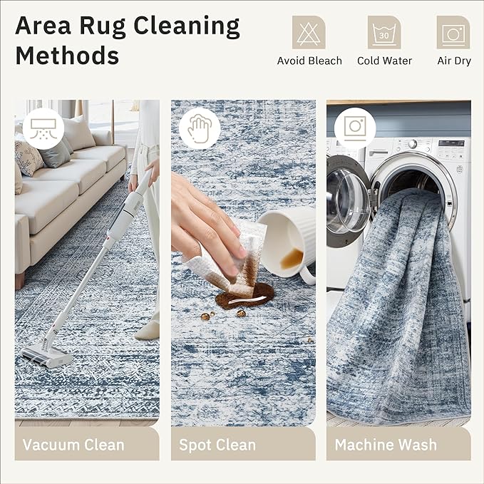 Soalmost 5x7 Area Rugs Blue Low Pile Washable Trendy Faded Style Rug | Vintage - Image 4