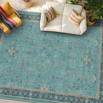 Boho Teal 7x9 Soft Rugs for Living Room, Washable Turquoise Rug for Bedroom by HazoHaus