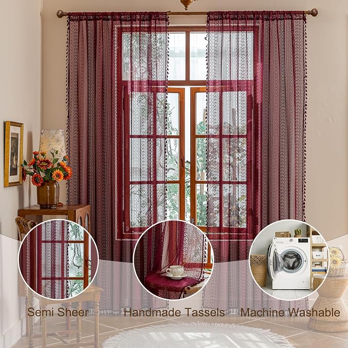 Sutuo Home Burgundy Boho Sheer Curtains 84 inches Long 2 Panels - Image 2