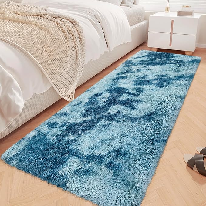 Super Soft Fluffy Living Room Area Rug 2x6 ft Tie-Dyed Light Blue Shaggy Furry by JiaoBaba