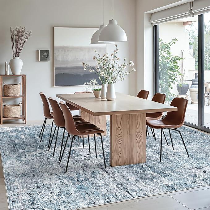 Soalmost Abstract Rug 8x12 Large Living Room Area Rugs Washable Blue/Grey | - Image 2