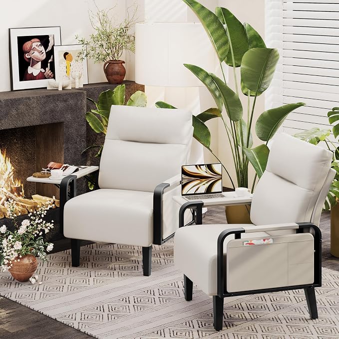 Andeworld Modern Beige Accent Chair Set of 2, PU Leather Upholstered Armchair - Image 7