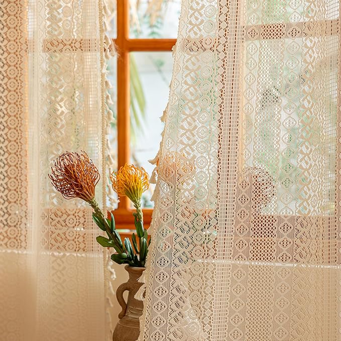Sutuo Home Beige Boho Lace Curtains 84 inches Long, Crochet Macrame Bohemian by SutuoHome