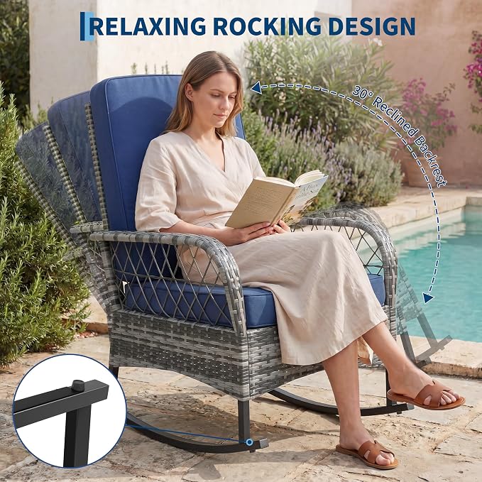 GarveeHome 3-Piece Outdoor Rocking Chair Set, Wicker Rattan Patio Furniture - Image 3