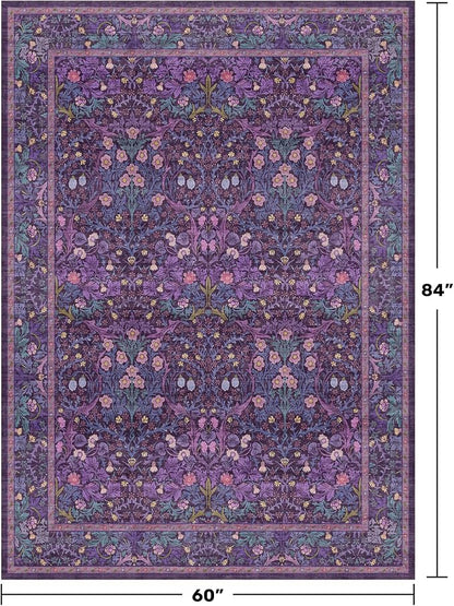 Washable Violet 5x7 Area Rug for Living Room, Vintage Dark Purple Dining Room - Image 2