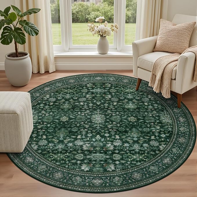 Round Area Rug for Living Room: 6ft Boho Washable Rug Deep Green | Vintage Boho - Image 2