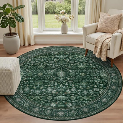Round Area Rug for Living Room: 6ft Boho Washable Rug Deep Green | Vintage Boho - Image 2