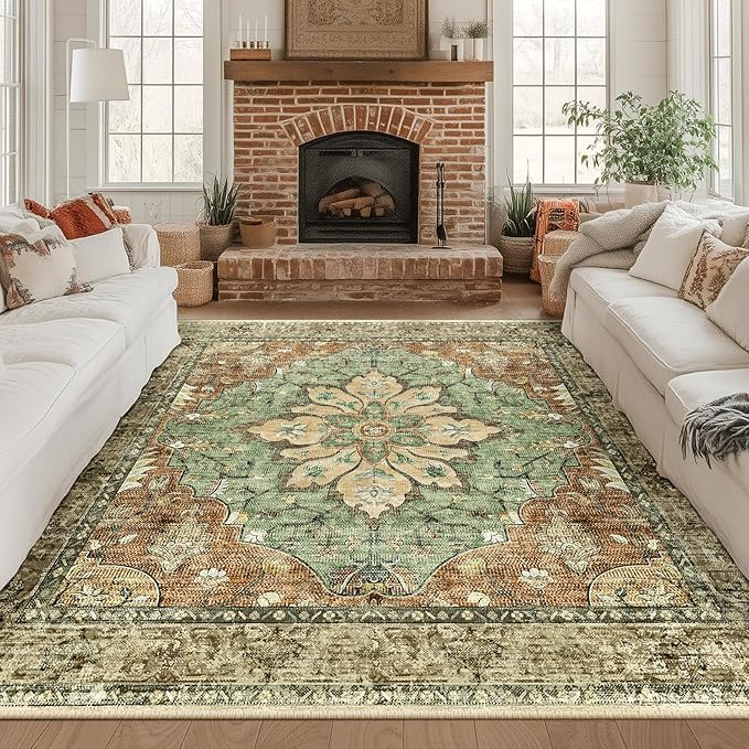RELEANY Washable Area Rug, Square 8'x8', Brick/Brown/Green | Non-Slip, Water - Image 3