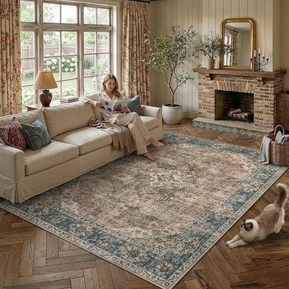 8x10 Blue Brown Retro Floral Washable Area Rug - Image 2