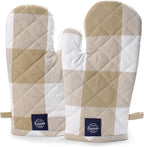 Encasa XO Long 12"x7" Oven Microwave Hand Gloves Mitts (2 pc Set) for Kitchen Cooking & Baking - Heat Resistant, Thick & Safe, Protection of Hands from Hot Utensils - Buffalo Beige Checks