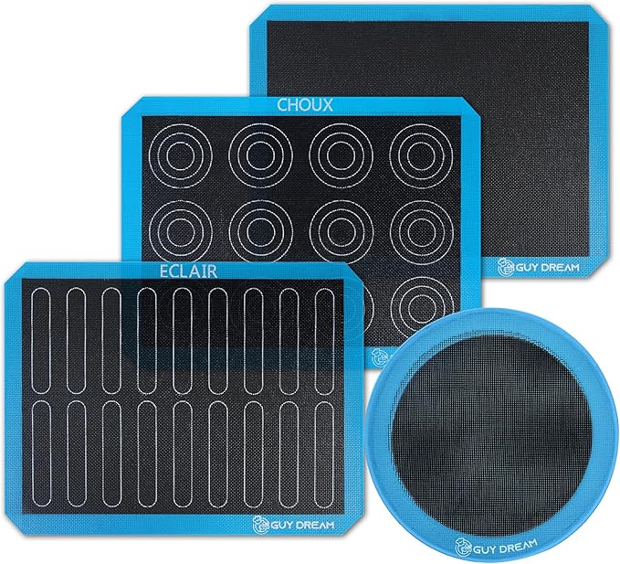 GUY DREAM Pack of 4 Perforated Silicone Baking Mats - 1 Choux, 1 Eclair, 1 Blank for Cookies, 1 10'' Round for Pizza - Non-Stick Reusable Oven Liner 11-4/5" x 15-3/4"