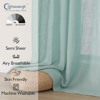 Chyhomenyc Aqua Green Semi Sheer Curtains 36 Inch Length, Light Filtering Faux - Image 2