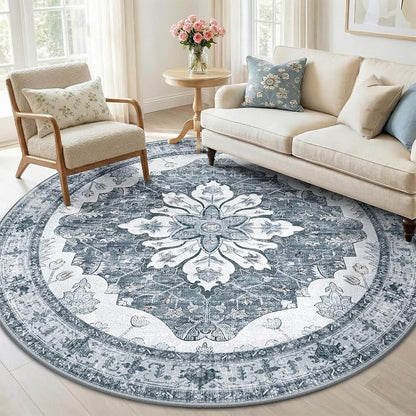 RELEANY Washable Area Rug, Round 6ft, Water Repellent, Pet Friendly, Vintage by RELEANY