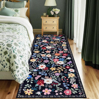 PLHXFR 2x5 Washable Runner Rug：Floral Indoor Kitchen Soft Carpet Black | - Image 2
