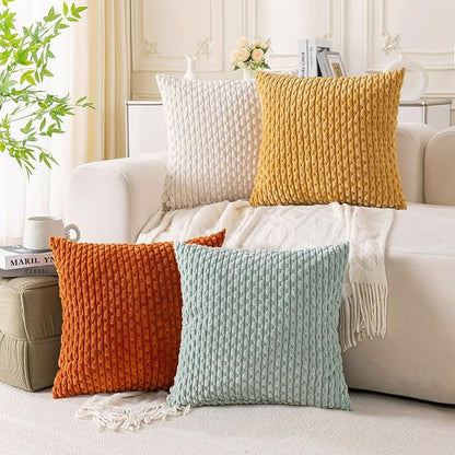 Set of 4 Yellow Rust Aqua Decorative Throw Pillow Covers 26x26 Inch Corduroy by Cozoomy