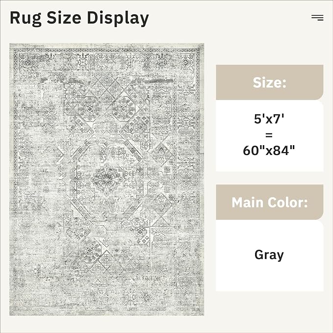 Soalmost 5x7 Area Rugs Light Gray Washable Trendy Faded Style Floral Rugs | - Image 3
