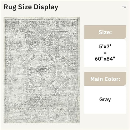 Soalmost 5x7 Area Rugs Light Gray Washable Trendy Faded Style Floral Rugs | - Image 3
