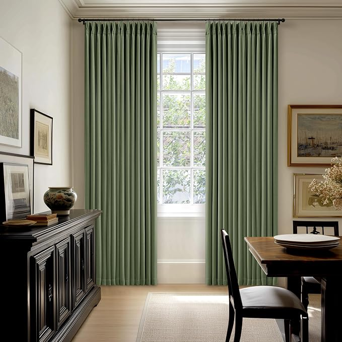 86 Inch Olive Green Linen Pinch Pleated Blackout Curtains - Image 9