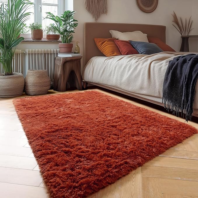 Amdrebio Terracotta Furry Small Area Rug 3x5 - Image 3