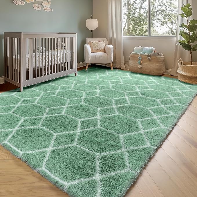 Area Rugs for Bedroom Living Room, 4x6 Fluffy Sage Green and White Rug | Modern - Image 7