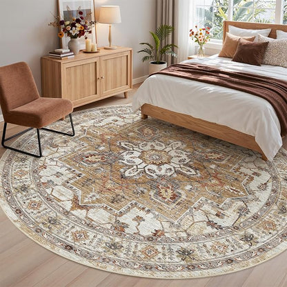 Madane Washable 9ft Circle Round Rug, 9x9 Circular Area Rugs, Turmeric/Grey | - Image 3