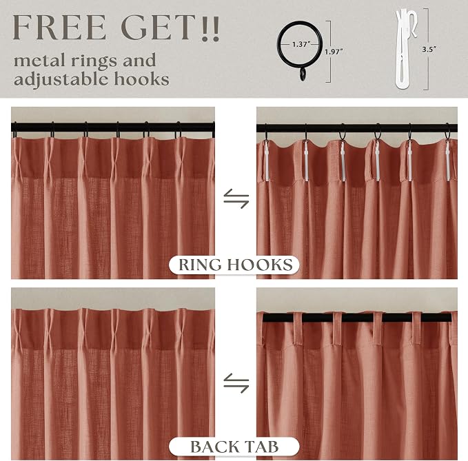 Pleated Farmhouse Firebrick Linen Curtains 102 Inches Long - Image 5