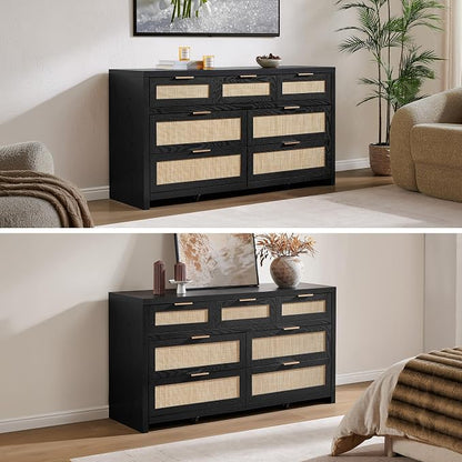 SICOTAS 7 Drawer Dressers for Bedroom Set 2, Long Rattan Dresser, Dresser TV - Image 5